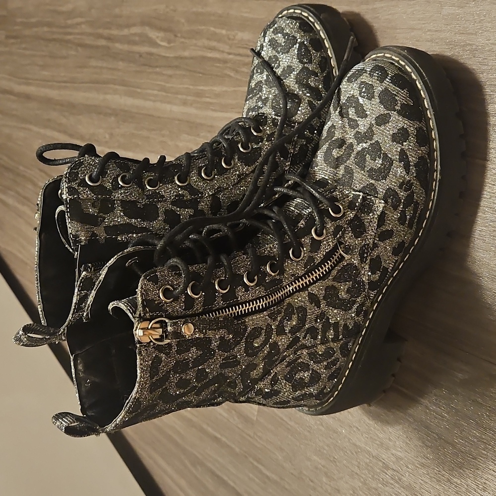 Size 6. Cheetah/sparkle combat boots